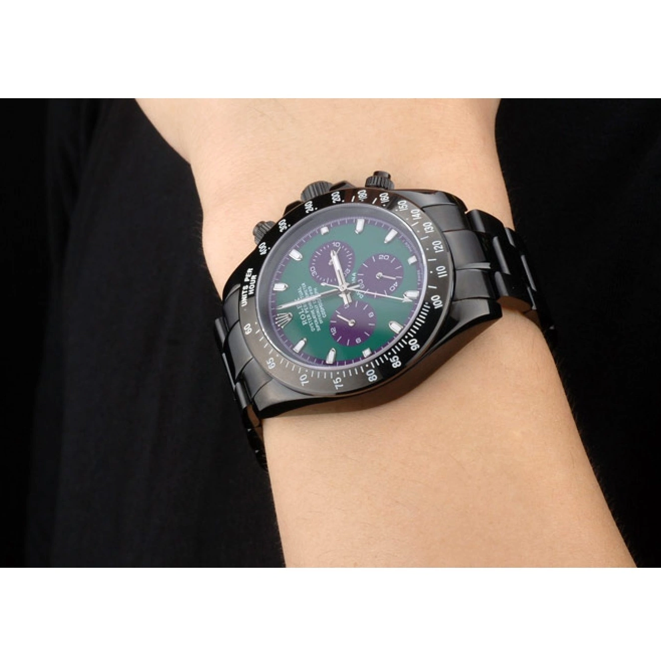 Aaa replica watch Black Strap Daytona Tachymeter Stainless Ion Green Black Steel Dial 80246 Plated Rolex 0801